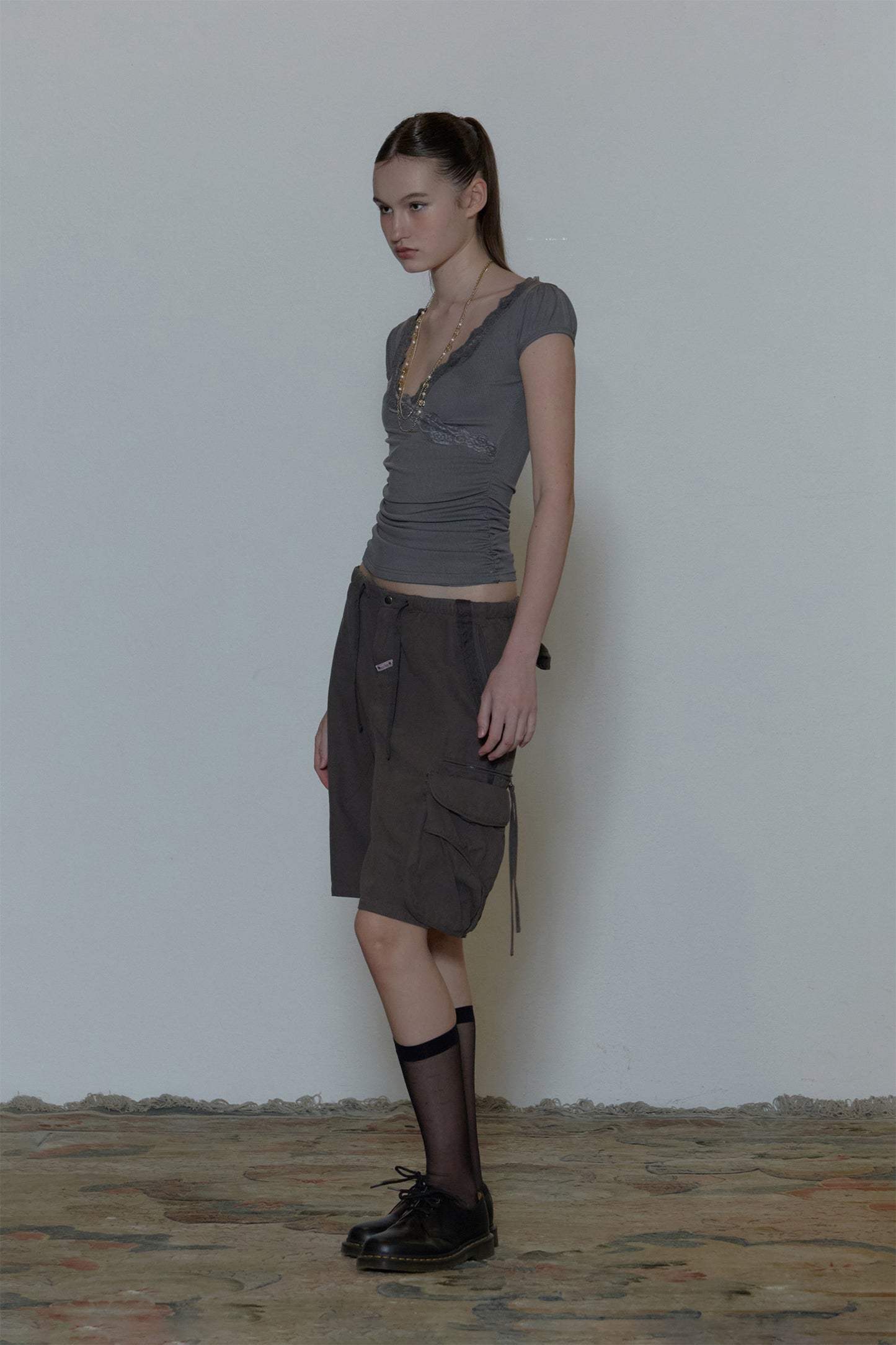 Sculptor Lace Trim Wrap Tee Charcoal