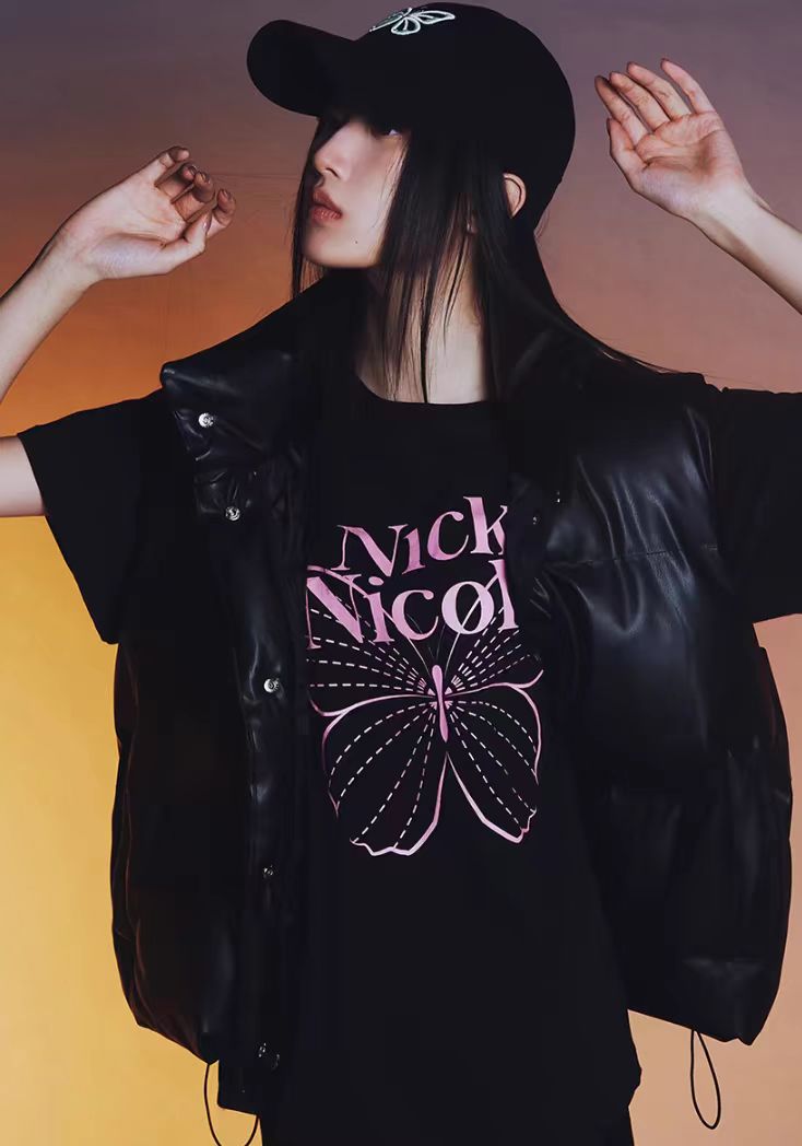 Nick Nicole Big Butterfly Sleeve Top_Black pink