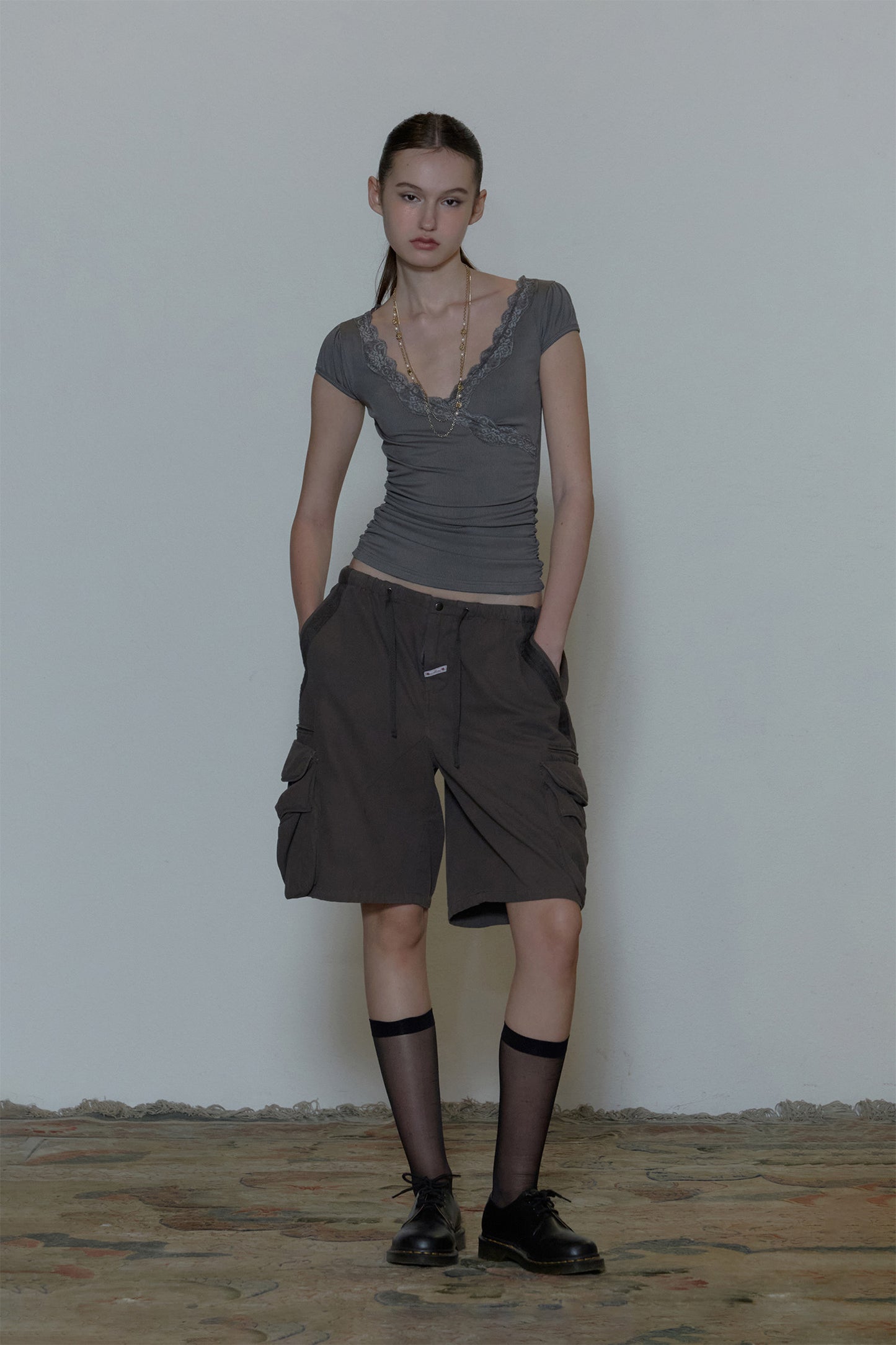 Sculptor Lace Trim Wrap Tee Charcoal