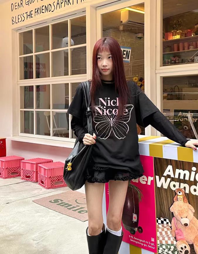 Nick Nicole Big Butterfly Sleeve Top_Black pink