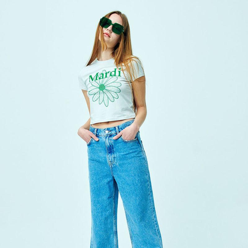 Mardi Mercredi Cropped Tshirt FlowerMardi-Light Beige Green