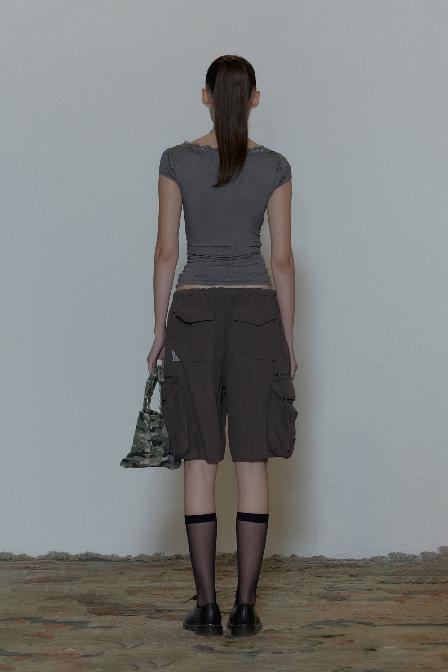 Sculptor Lace Trim Wrap Tee Charcoal