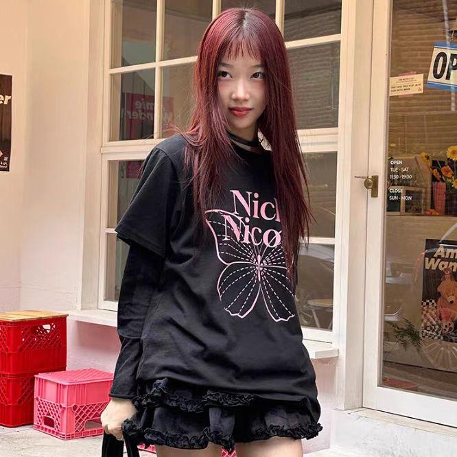 Nick Nicole Big Butterfly Sleeve Top_Black pink