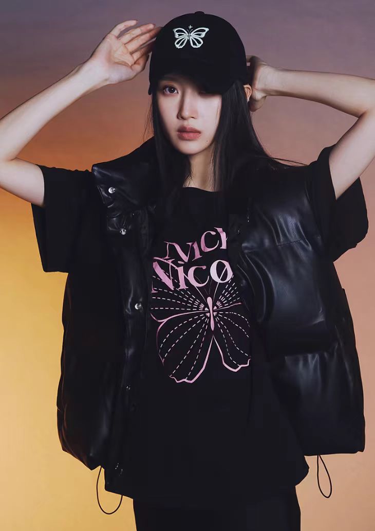 Nick Nicole Big Butterfly Sleeve Top_Black pink