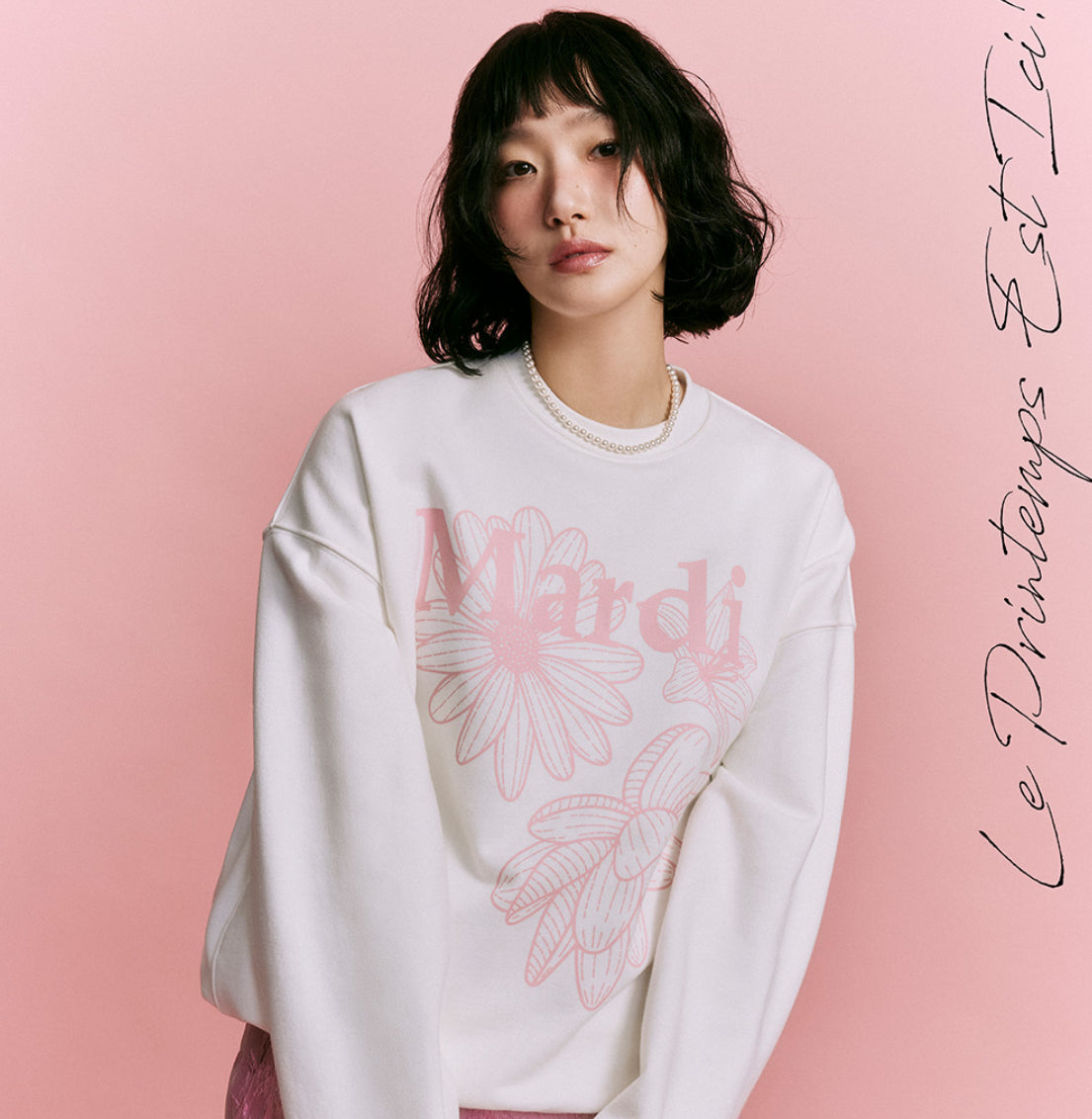 MARDI MERCREDI SWEATSHIRT TRIPLE FLOWER_WHITE PINK