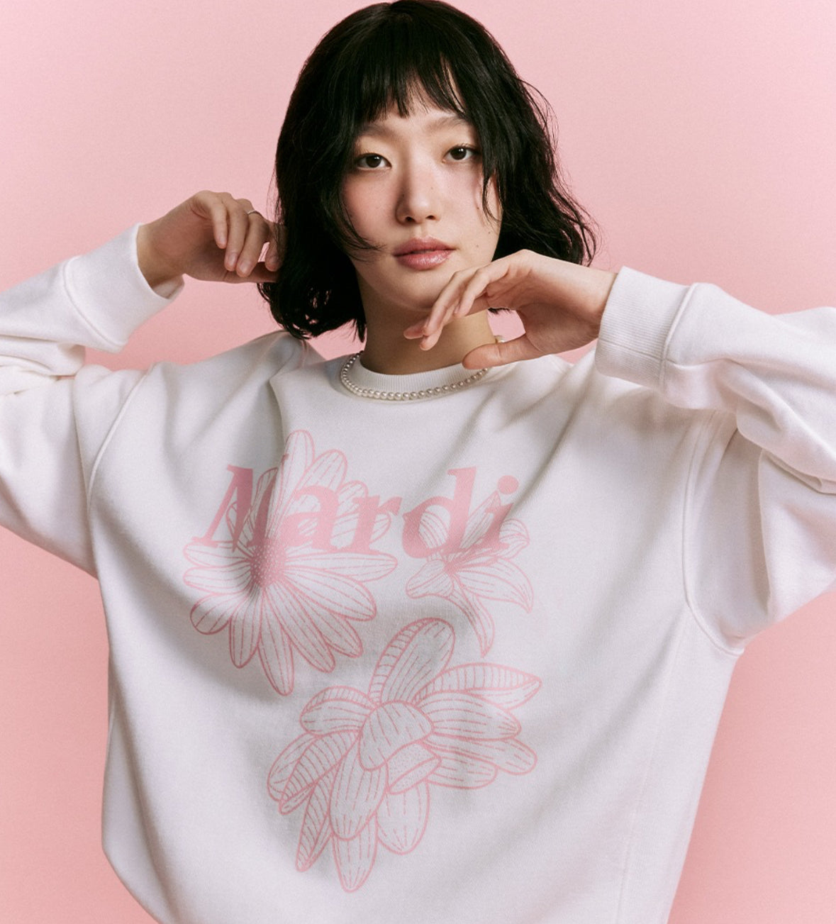 MARDI MERCREDI SWEATSHIRT TRIPLE FLOWER_WHITE PINK