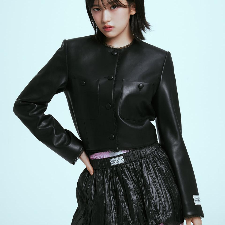 Mardi Mercredi Faux Leather Cropped Jacket Lace-Black