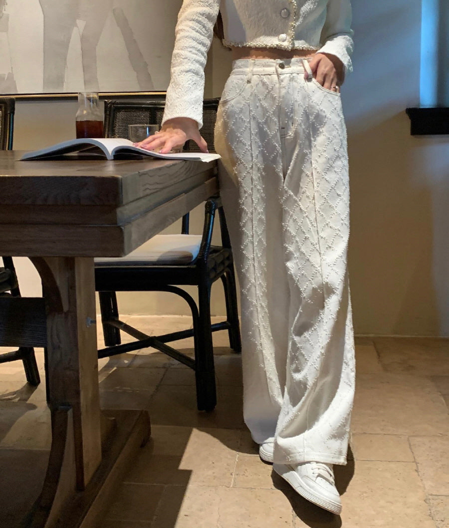 Seooocookie White Check Jeans