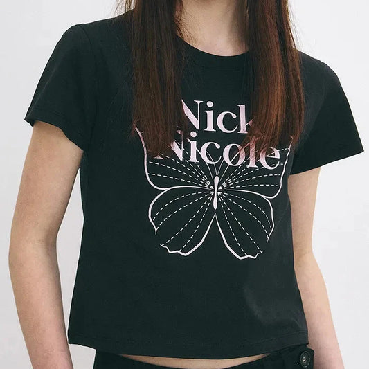Nick Nicole Signature Butterfly Crop Top-Black