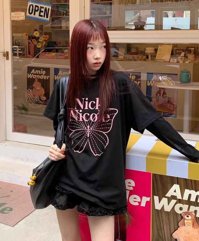 Nick Nicole Big Butterfly Sleeve Top_Black pink