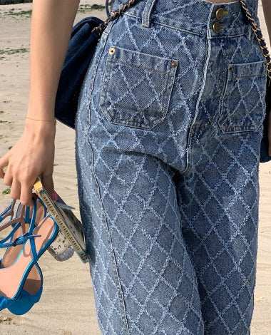 Seooocookie High Waist Checked Jeans