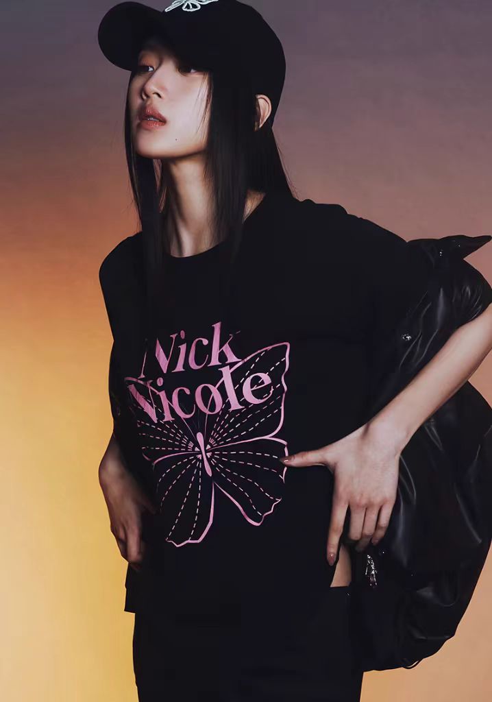 Nick Nicole Big Butterfly Sleeve Top_Black pink