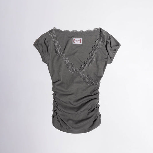 Sculptor Lace Trim Wrap Tee Charcoal