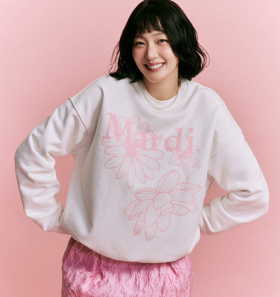MARDI MERCREDI SWEATSHIRT TRIPLE FLOWER_WHITE PINK