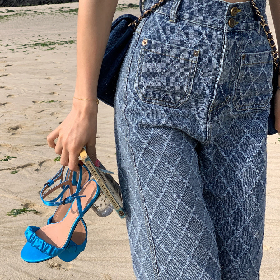 Seooocookie High Waist Checked Jeans